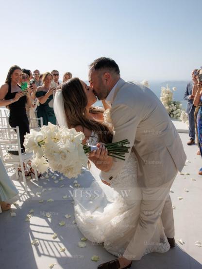Chic White Mermaid Sweetheart Off-The-Shoulder Sleeveless Sweep Train Tulle Wedding Dress With Appliques