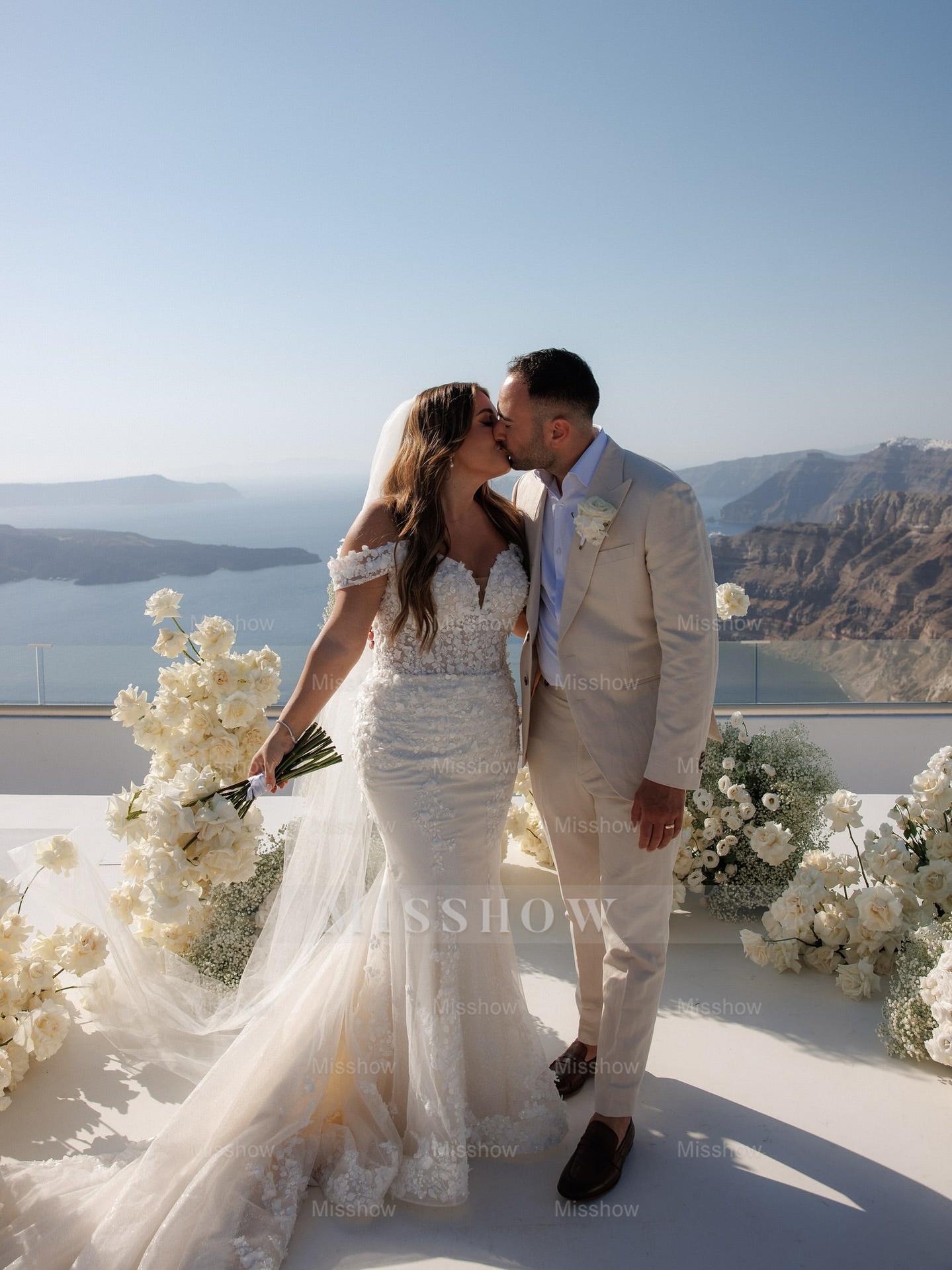 Chic White Mermaid Sweetheart Off-The-Shoulder Sleeveless Sweep Train Tulle Wedding Dress With Appliques