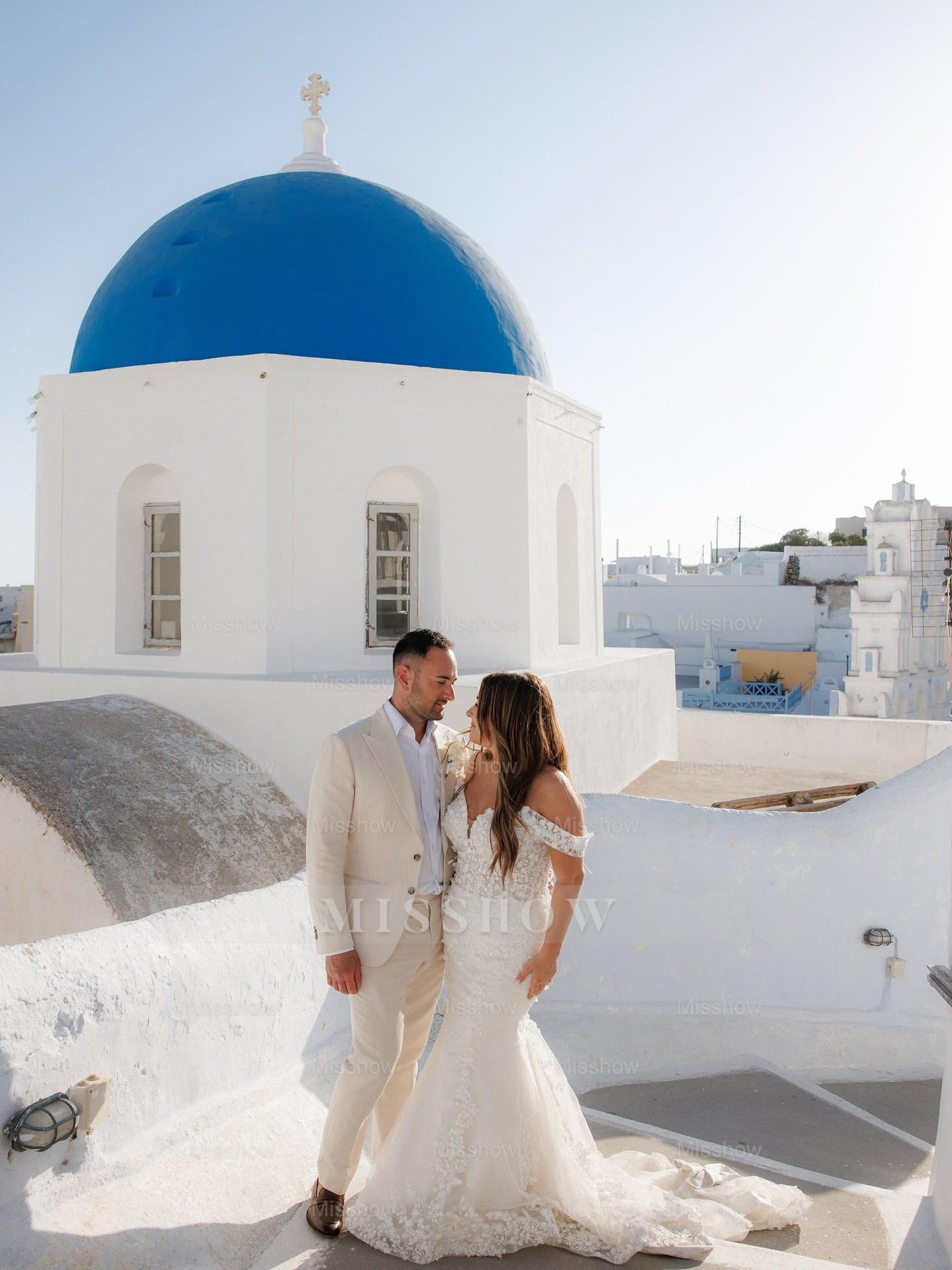 Chic White Mermaid Sweetheart Off-The-Shoulder Sleeveless Sweep Train Tulle Wedding Dress With Appliques