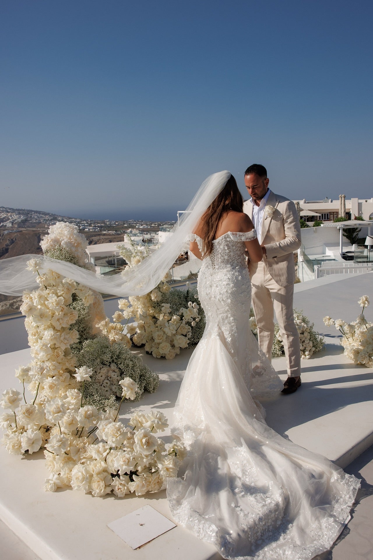 Chic White Mermaid Sweetheart Off-The-Shoulder Sleeveless Sweep Train Tulle Wedding Dress With Appliques