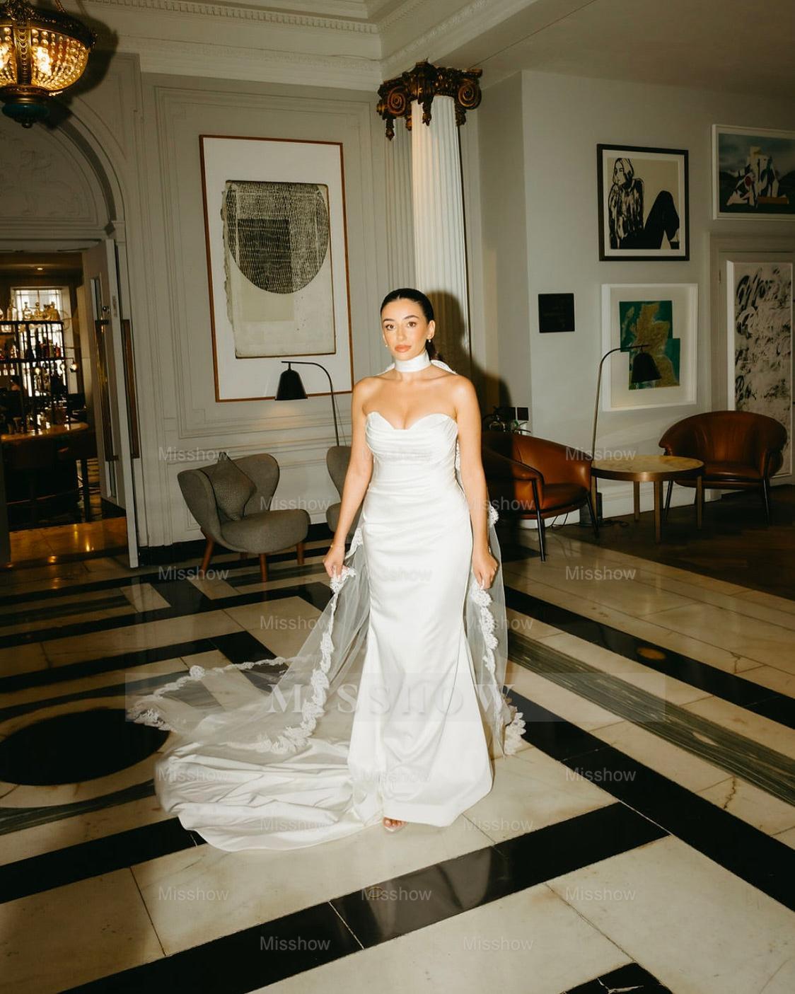 Chic White Mermaid Sweetheart Strapless Sleeveless Long Satin Simple Wedding Dress With Ruffles