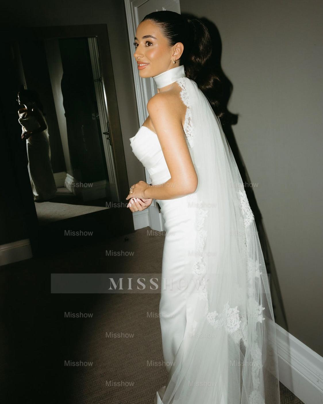 Chic White Mermaid Sweetheart Strapless Sleeveless Long Satin Simple Wedding Dress With Ruffles