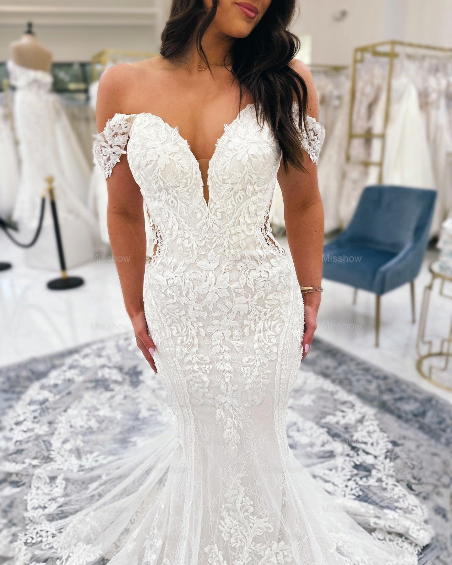 Chic White Mermaid V-Neck Off-The-Shoulder Lace Cathedral Train Wedding Dress With Appliques