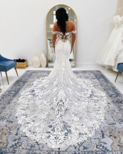 Chic White Mermaid V-Neck Off-The-Shoulder Lace Cathedral Train Wedding Dress With Appliques