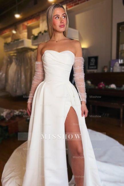 Chic White Strapless A-Line Sleeveless Long Satin Split Front Wedding Dresses With Ruffles