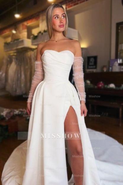 Chic White Strapless A-Line Sleeveless Long Satin Split Front Wedding Dresses With Ruffles