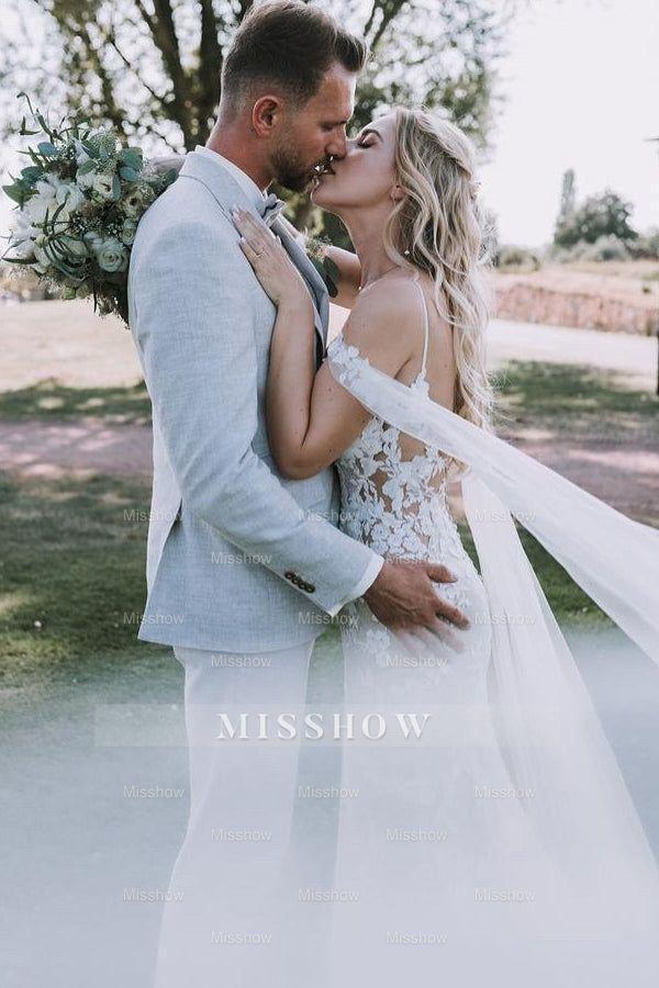 Chic White V-Neck Lace Mermaid Spaghetti Strap Off-The-Shoulder Cap Sleeves Long Wedding Dresses