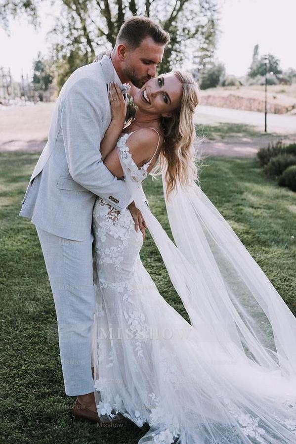 Chic White V-Neck Lace Mermaid Spaghetti Strap Off-The-Shoulder Cap Sleeves Long Wedding Dresses