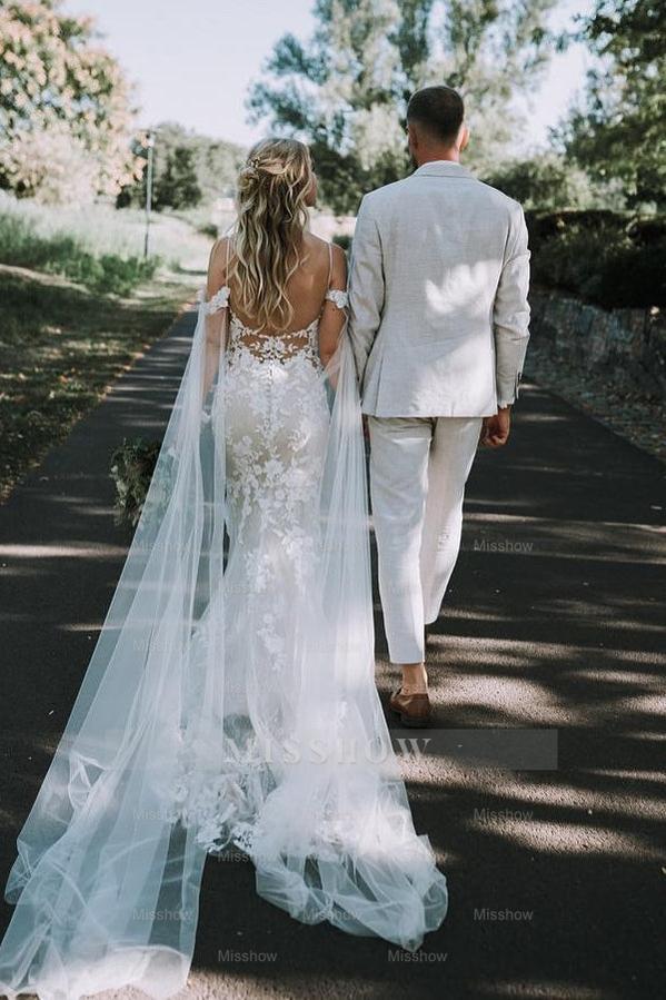 Chic White V-Neck Lace Mermaid Spaghetti Strap Off-The-Shoulder Cap Sleeves Long Wedding Dresses