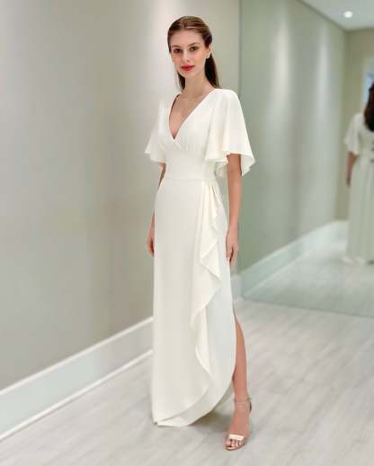 Chic White V-Neck Ruffles Cap Sleeves Long Chiffon Mother of the Bride Dress With Slit