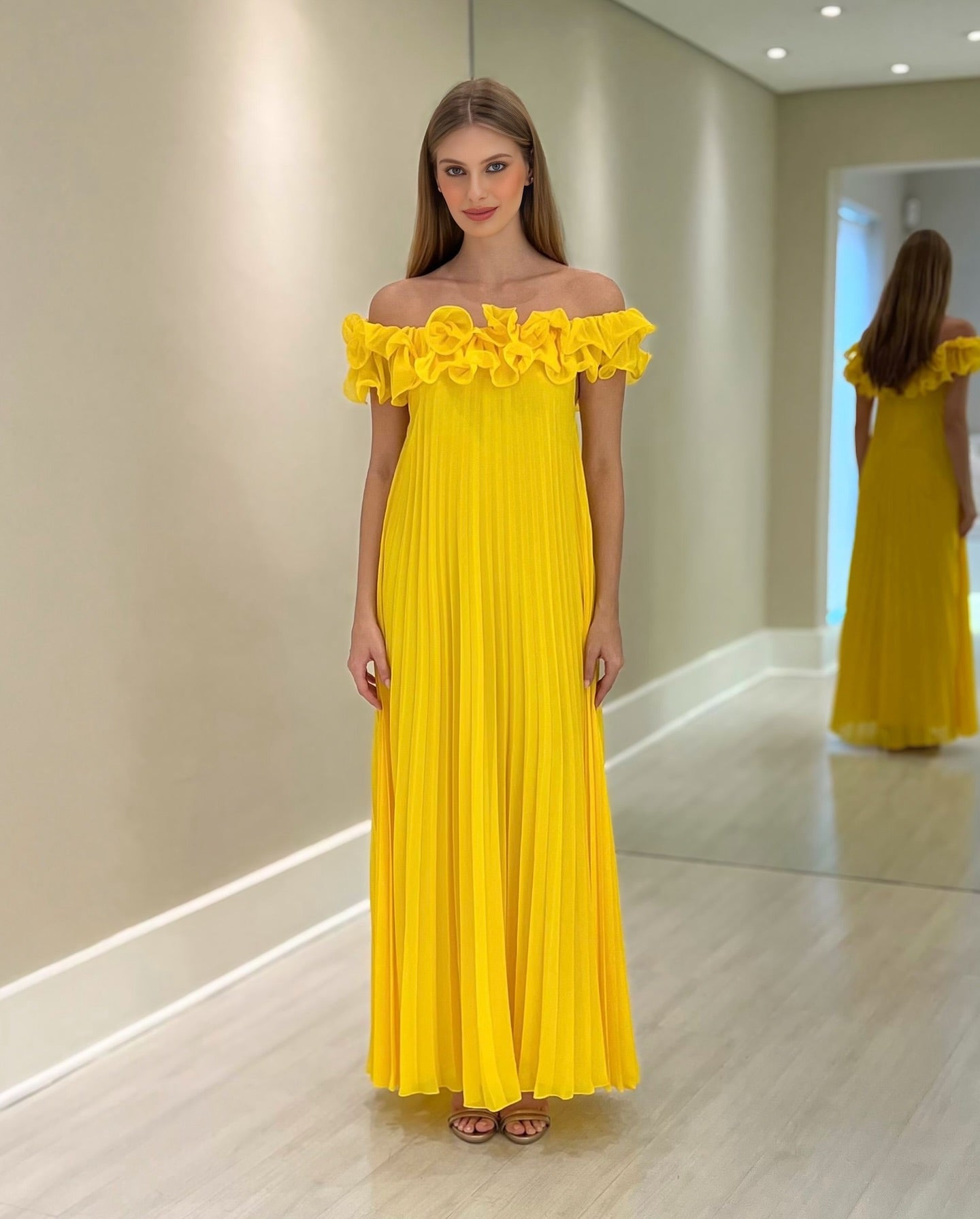 Chic Yellow A-Line Ruffles Off-The-Shoulder Sleeveless Chiffon Floor-Length Mother of the Bride Dress