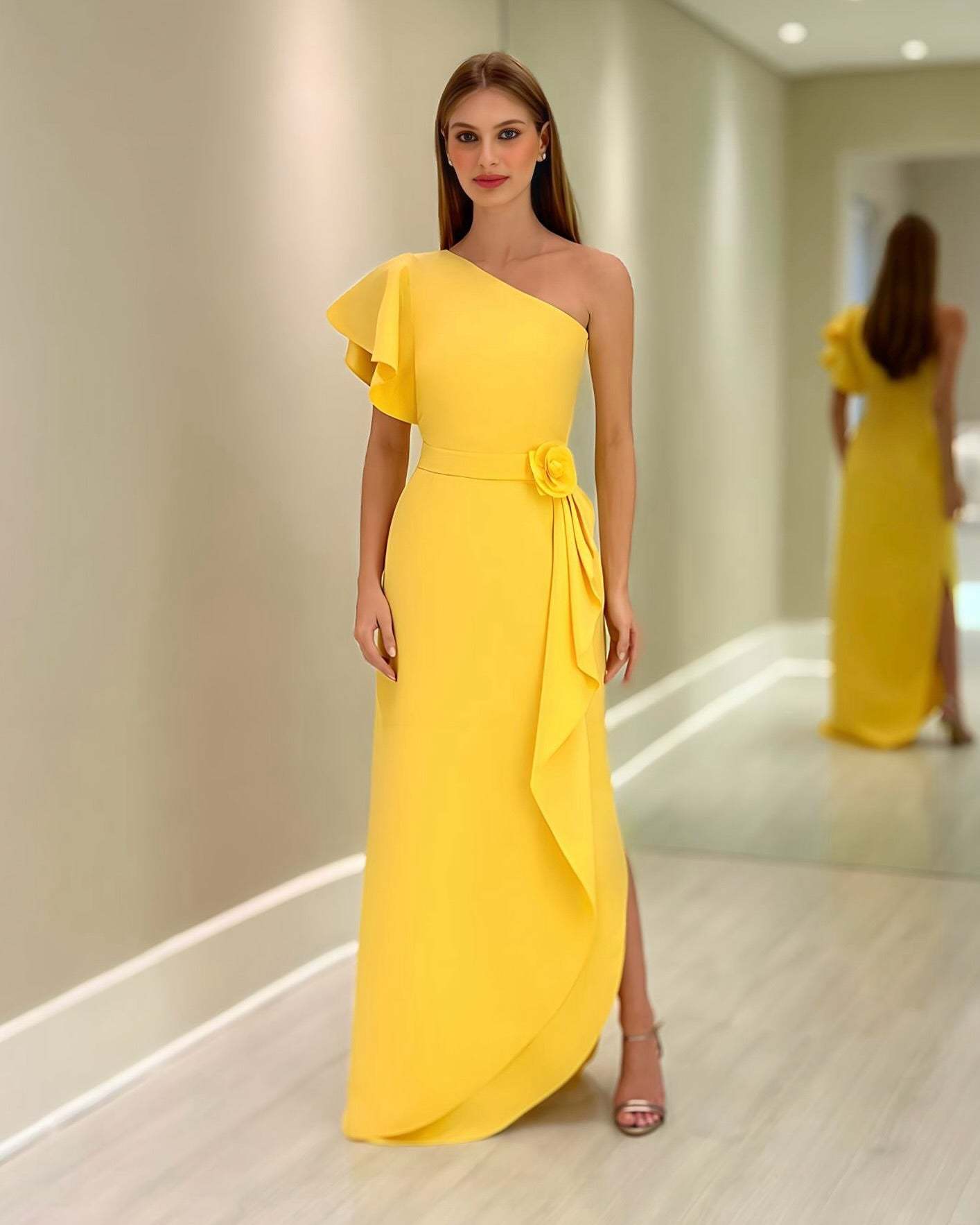 Chic Yellow Column One-Shoulder Ruffles Floor-Length Chiffon Mother of the Bride Dress With Slit