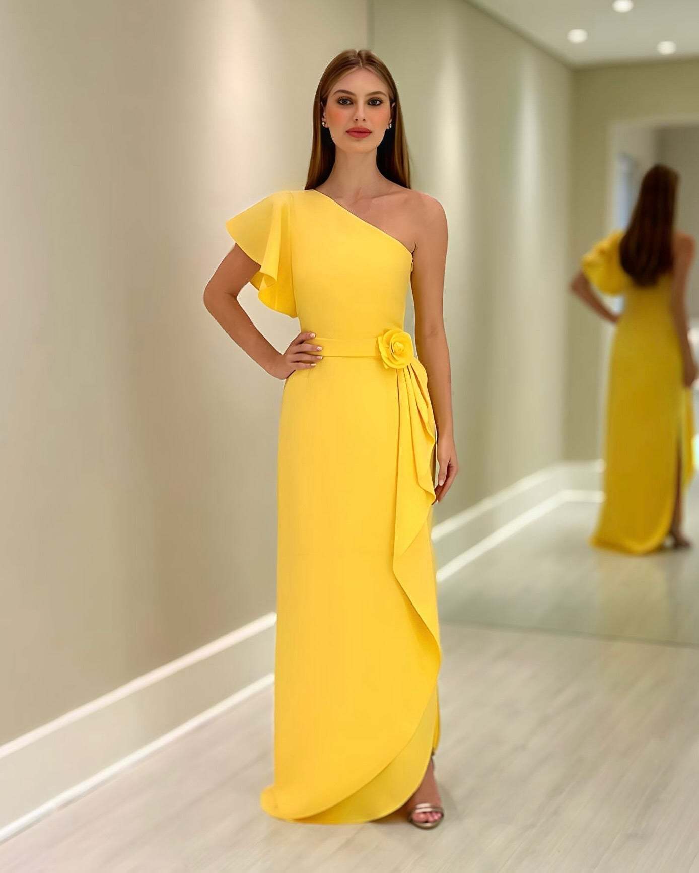 Chic Yellow Column One-Shoulder Ruffles Floor-Length Chiffon Mother of the Bride Dress With Slit