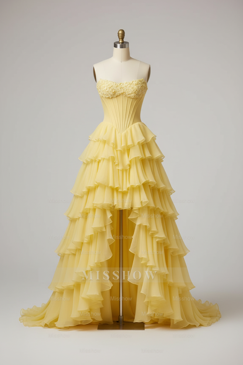 Chic Yellow Tiered Ruffle High-Low Ball Gown with Floral Corset