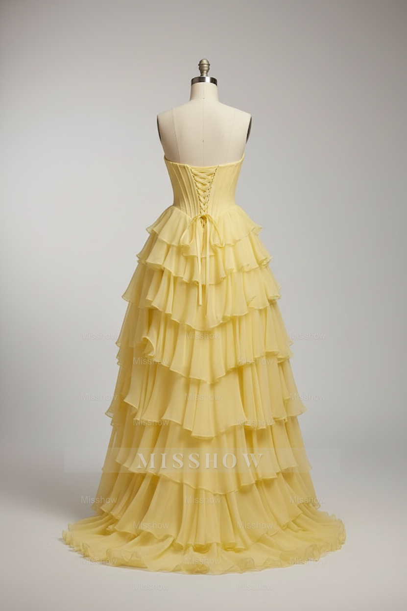Chic Yellow Tiered Ruffle High-Low Ball Gown with Floral Corset