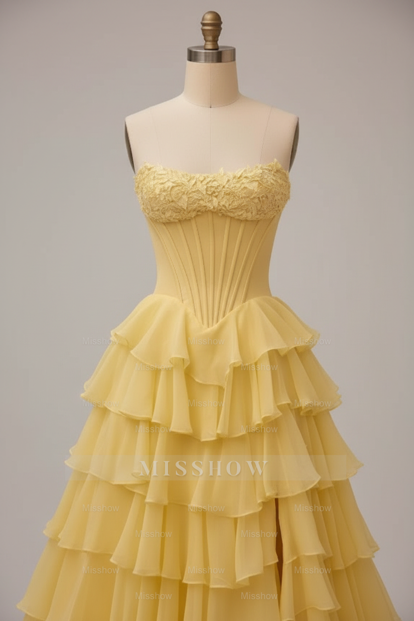Chic Yellow Tiered Ruffle High-Low Ball Gown with Floral Corset