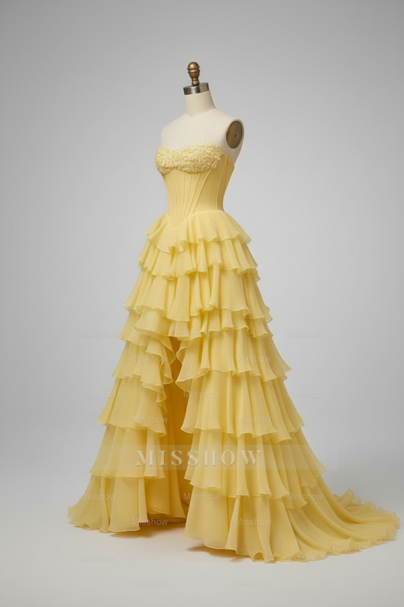 Chic Yellow Tiered Ruffle High-Low Ball Gown with Floral Corset