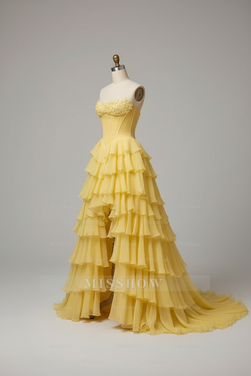 Chic Yellow Tiered Ruffle High-Low Ball Gown with Floral Corset