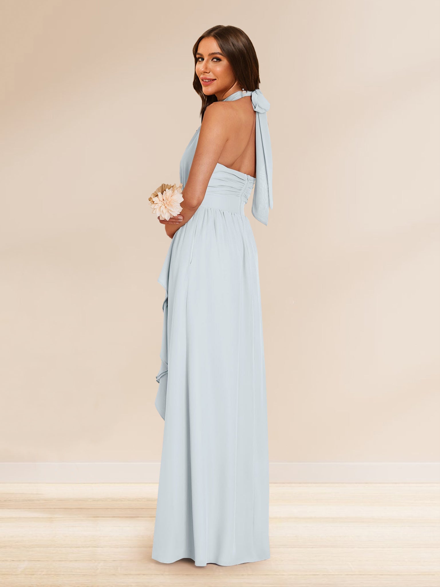 Chiffon A Line Princess Halter Bridesmaid Dresses with Split Side Ruffles