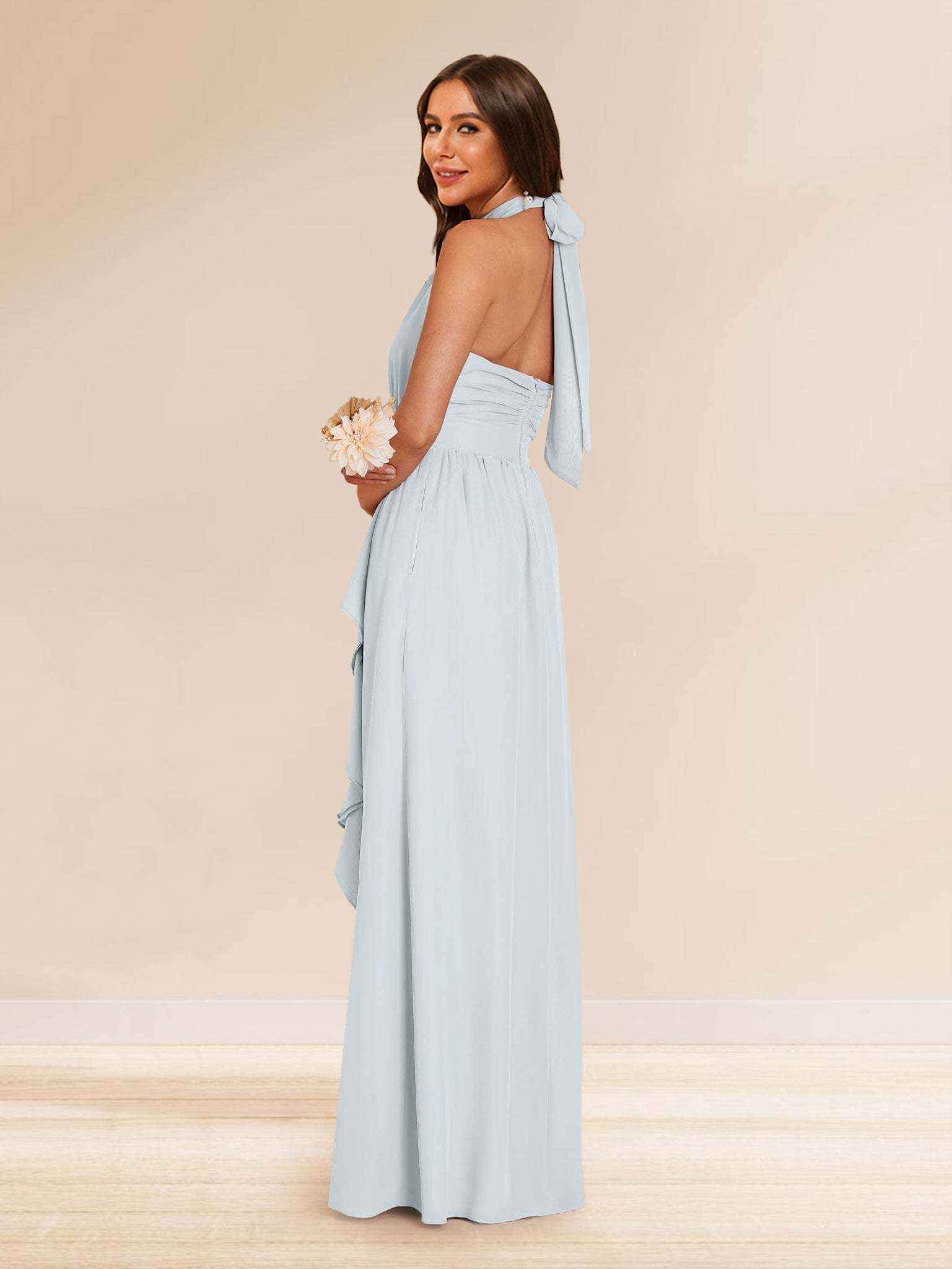 Chiffon A Line Princess Halter Bridesmaid Dresses with Split Side Ruffles