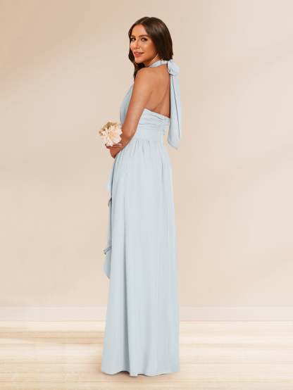 Chiffon A Line Princess Halter Bridesmaid Dresses with Split Side Ruffles