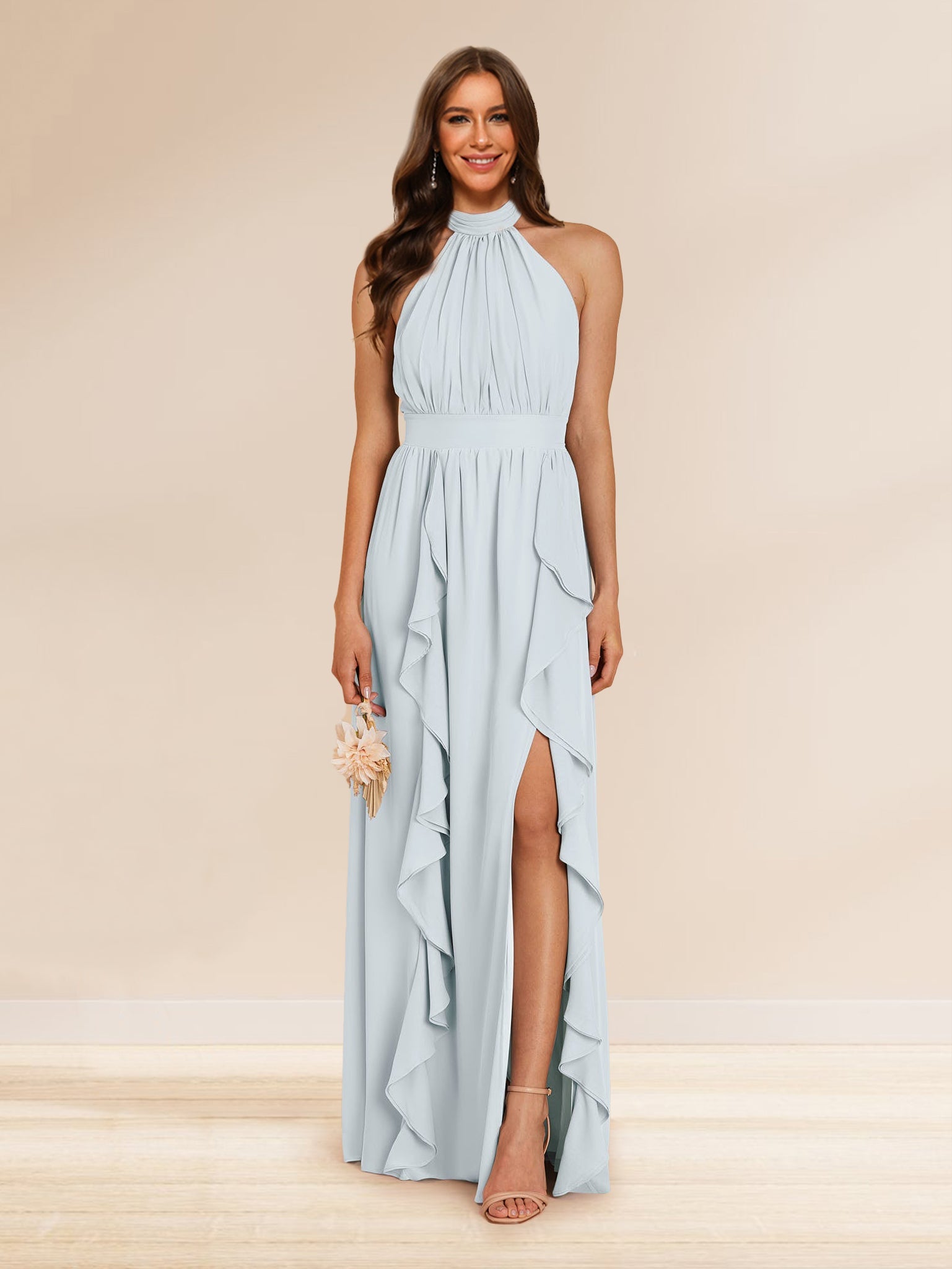 Chiffon A Line Princess Halter Bridesmaid Dresses with Split Side Ruffles