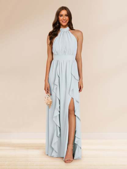 Chiffon A Line Princess Halter Bridesmaid Dresses with Split Side Ruffles