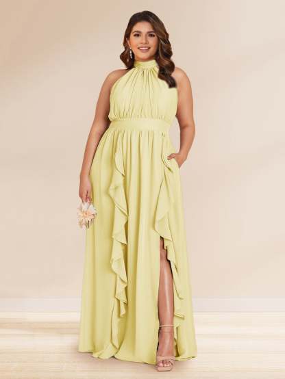 Chiffon A Line Princess Halter Plus Size Bridesmaid Dresses with Split Side Ruffles