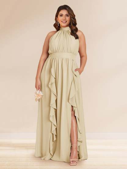 Chiffon A Line Princess Halter Plus Size Bridesmaid Dresses with Split Side Ruffles