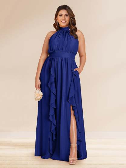 Chiffon A Line Princess Halter Plus Size Bridesmaid Dresses with Split Side Ruffles