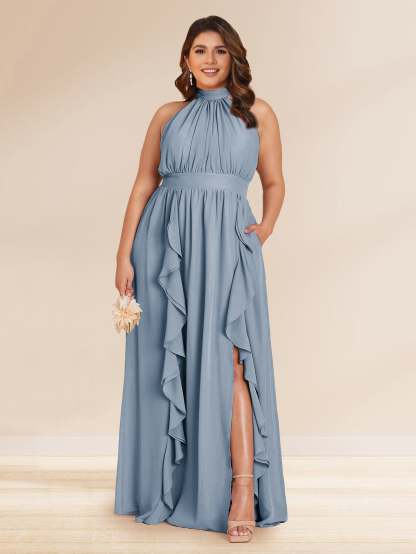 Chiffon A Line Princess Halter Plus Size Bridesmaid Dresses with Split Side Ruffles