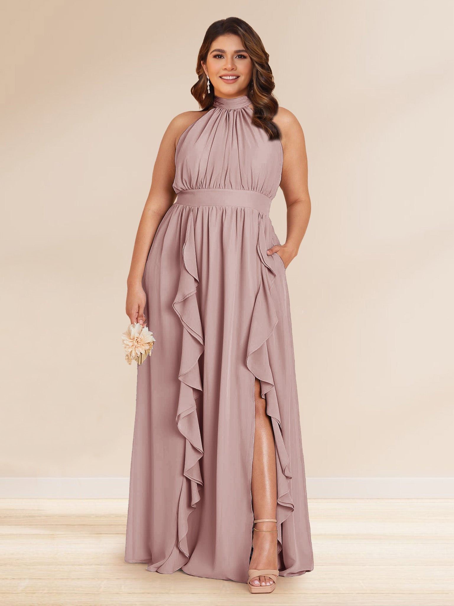 Chiffon A Line Princess Halter Plus Size Bridesmaid Dresses with Split Side Ruffles