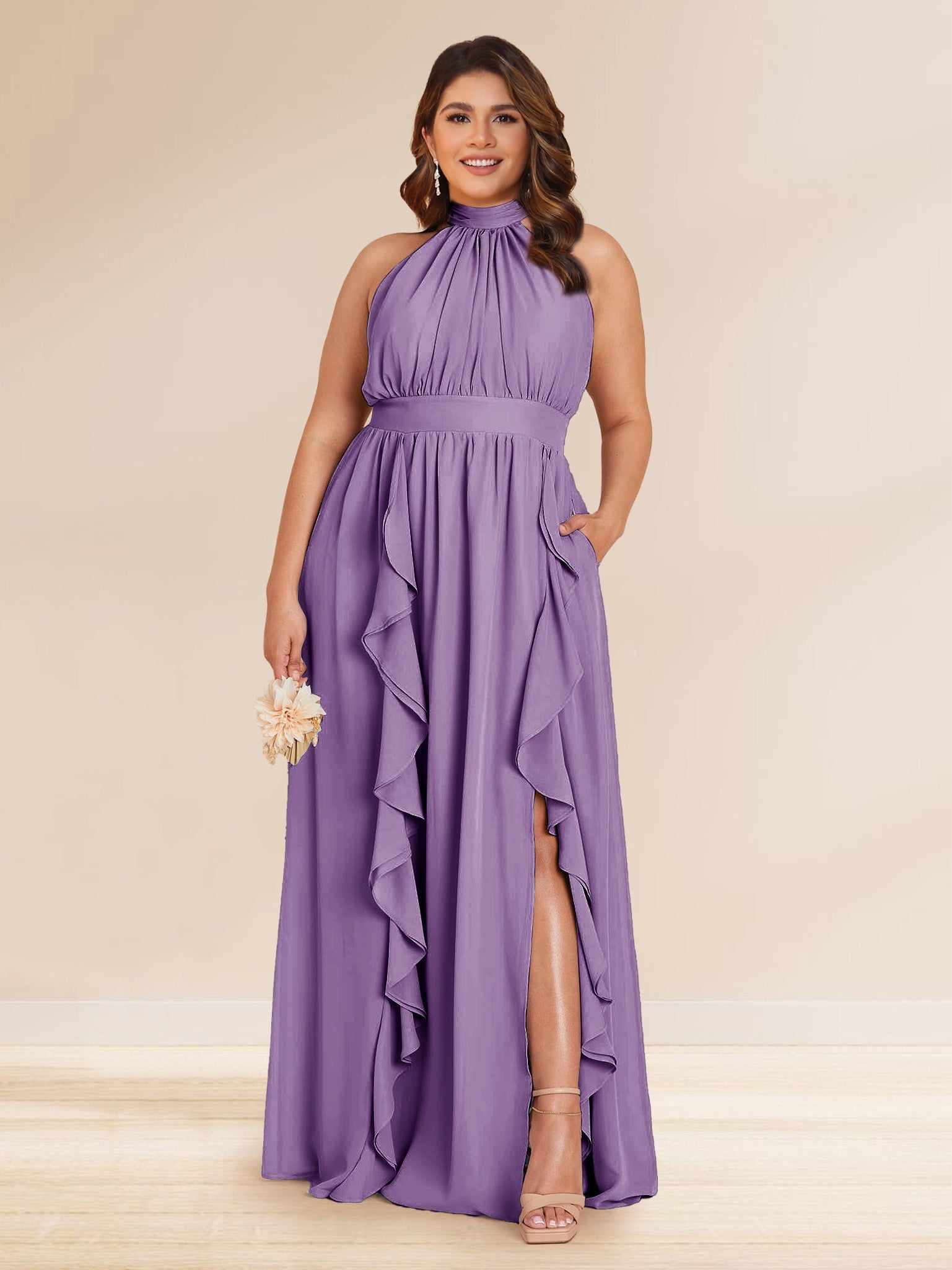 Chiffon A Line Princess Halter Plus Size Bridesmaid Dresses with Split Side Ruffles