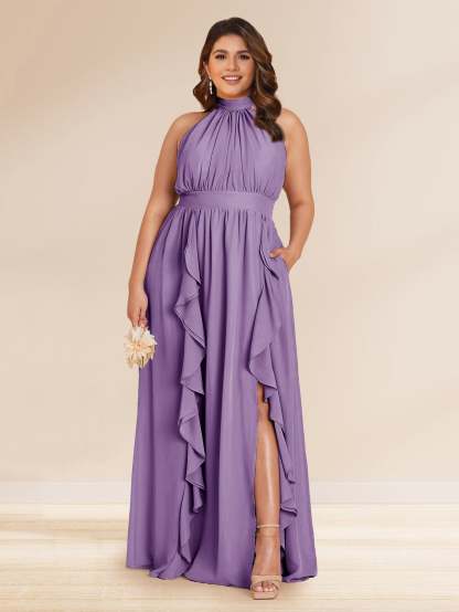 Chiffon A Line Princess Halter Plus Size Bridesmaid Dresses with Split Side Ruffles