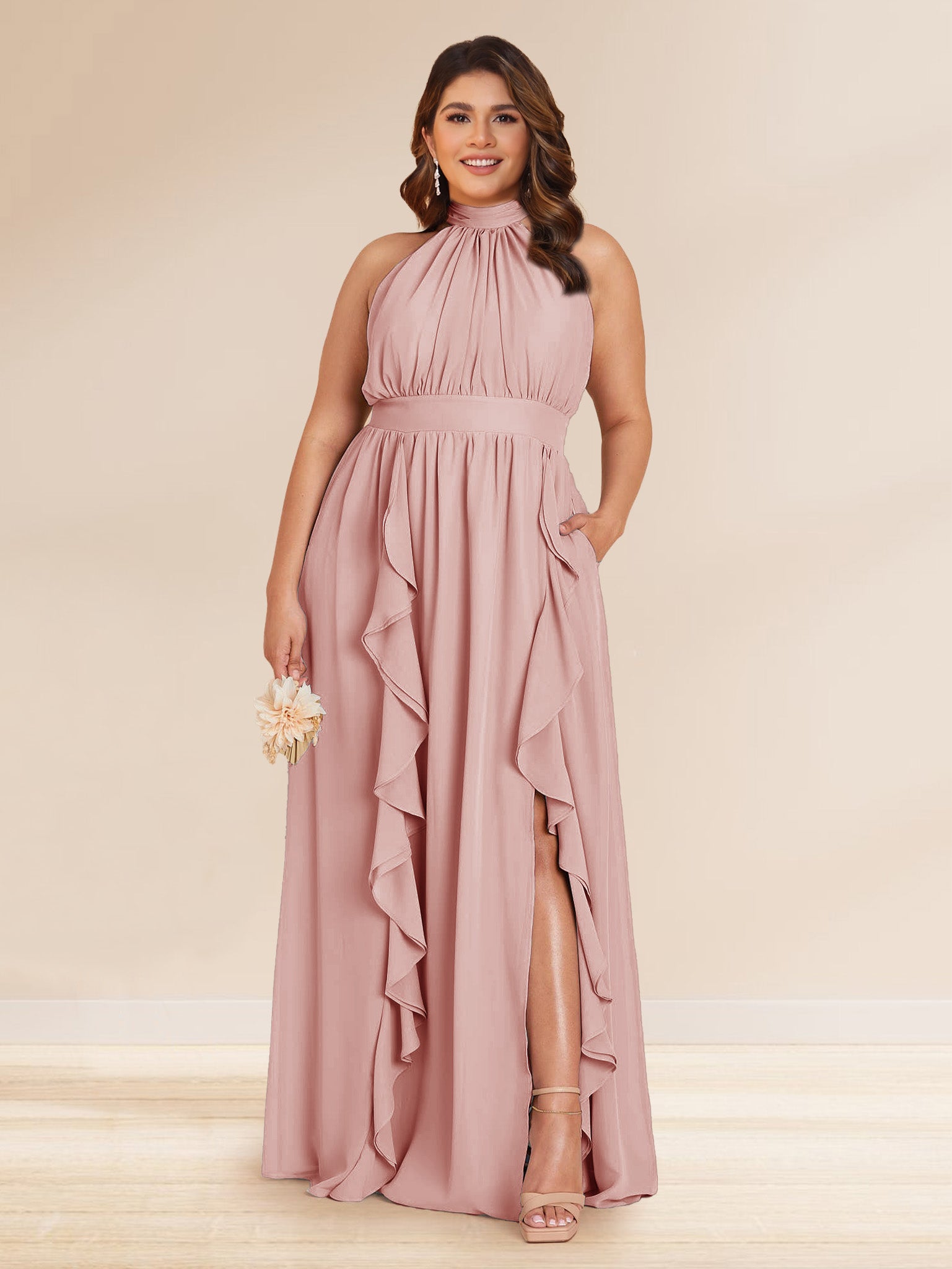 Chiffon A Line Princess Halter Plus Size Bridesmaid Dresses with Split Side Ruffles