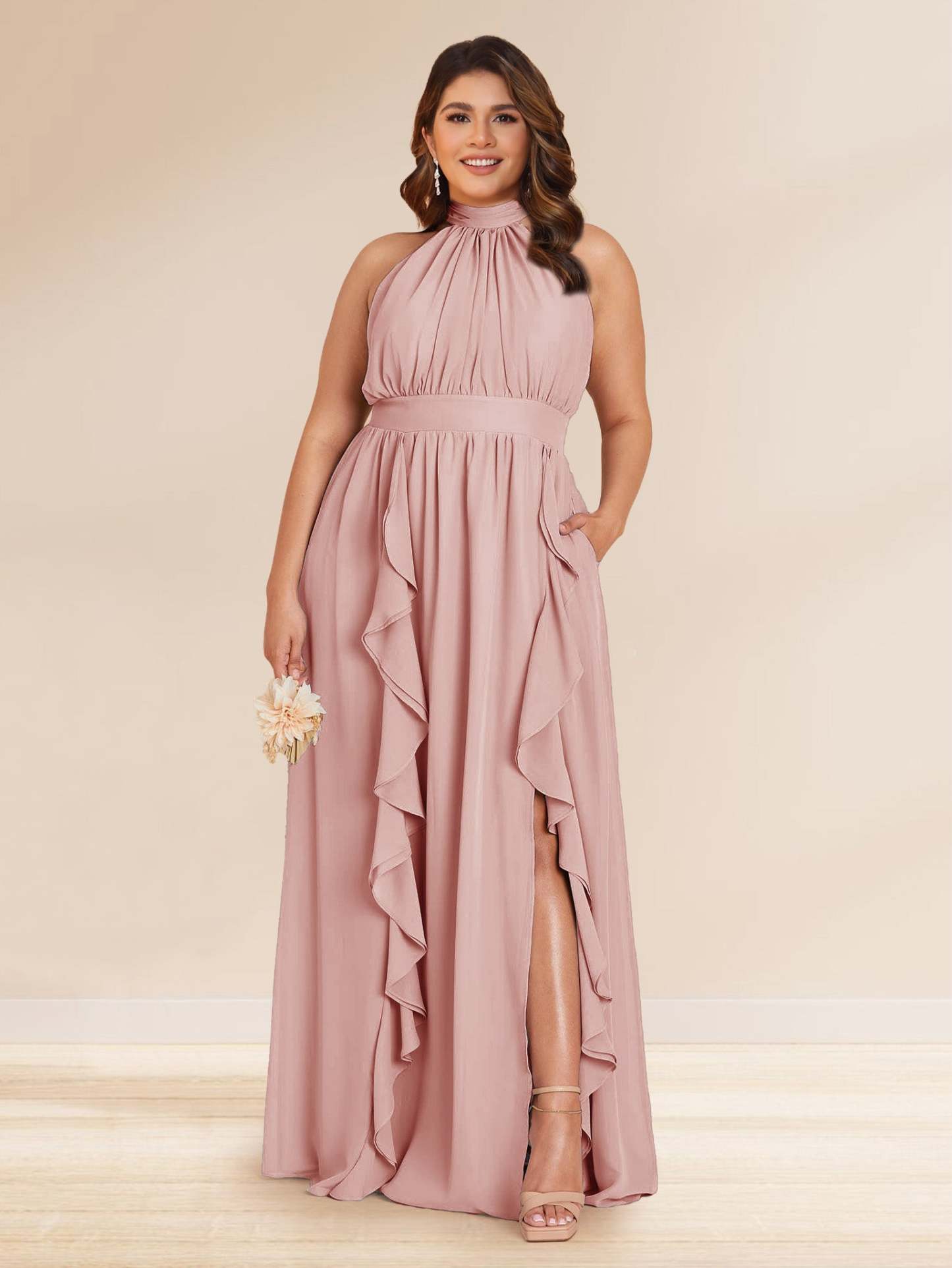 Chiffon A Line Princess Halter Plus Size Bridesmaid Dresses with Split Side Ruffles