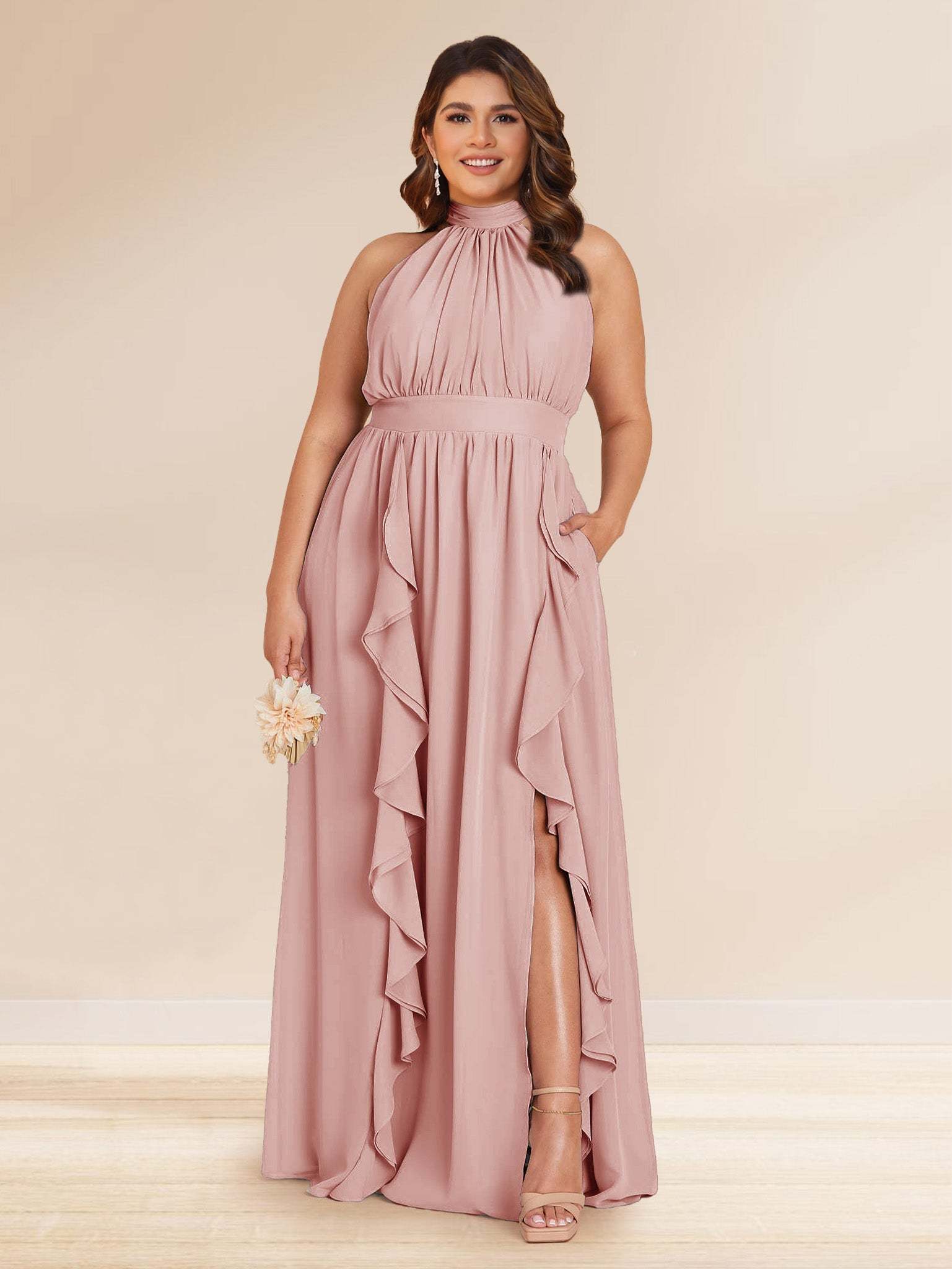 Chiffon A Line Princess Halter Plus Size Bridesmaid Dresses with Split Side Ruffles