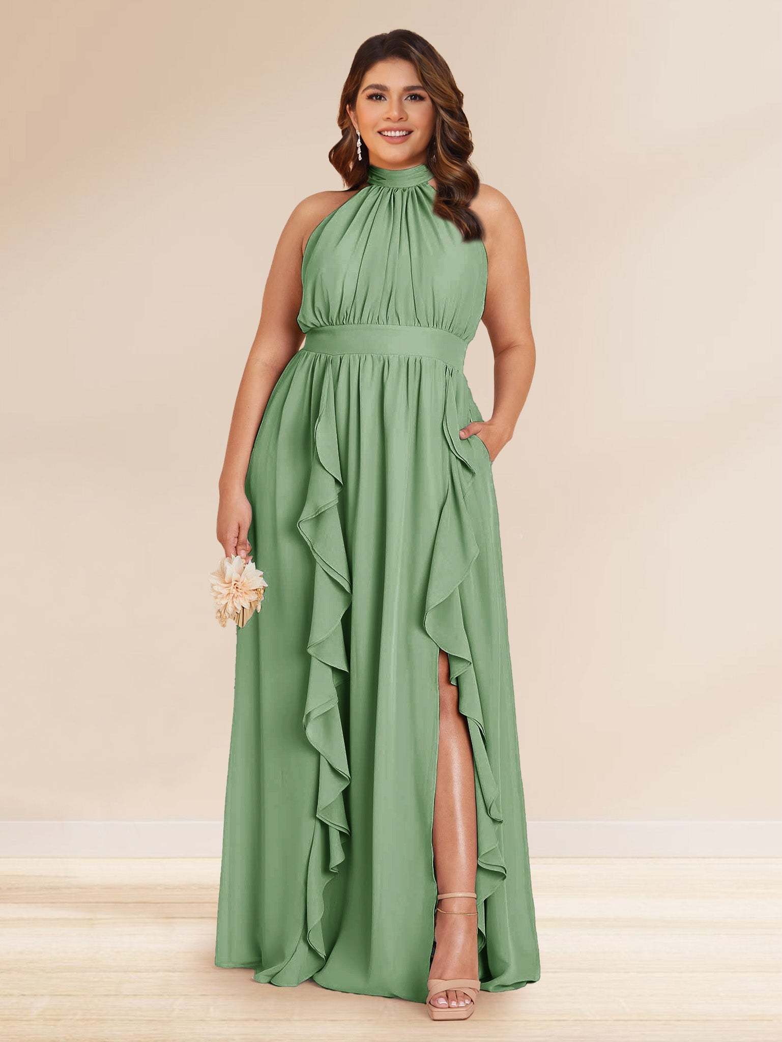 Chiffon A Line Princess Halter Plus Size Bridesmaid Dresses with Split Side Ruffles