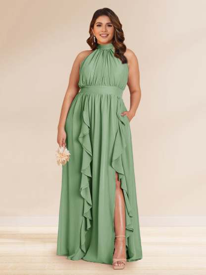 Chiffon A Line Princess Halter Plus Size Bridesmaid Dresses with Split Side Ruffles