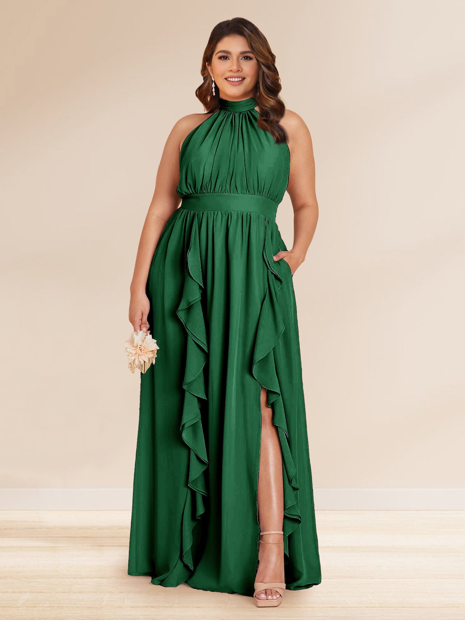 Chiffon A Line Princess Halter Plus Size Bridesmaid Dresses with Split Side Ruffles