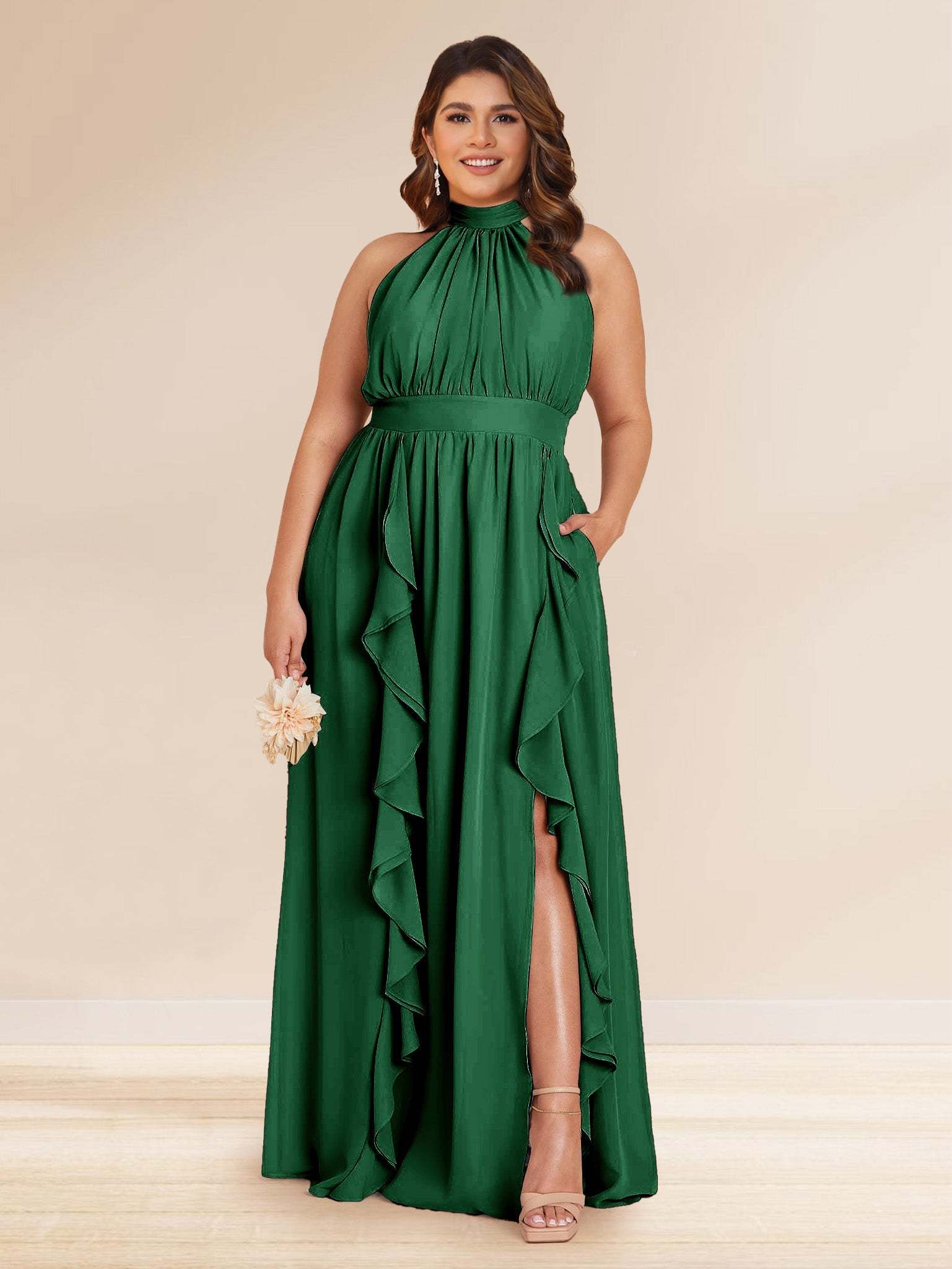 Chiffon A Line Princess Halter Plus Size Bridesmaid Dresses with Split Side Ruffles
