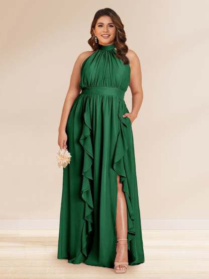 Chiffon A Line Princess Halter Plus Size Bridesmaid Dresses with Split Side Ruffles