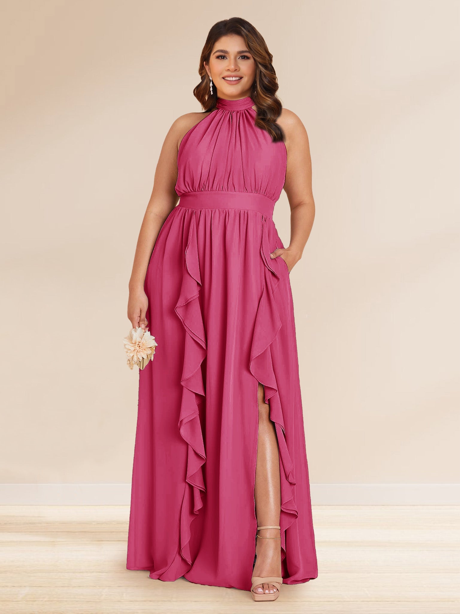 Chiffon A Line Princess Halter Plus Size Bridesmaid Dresses with Split Side Ruffles