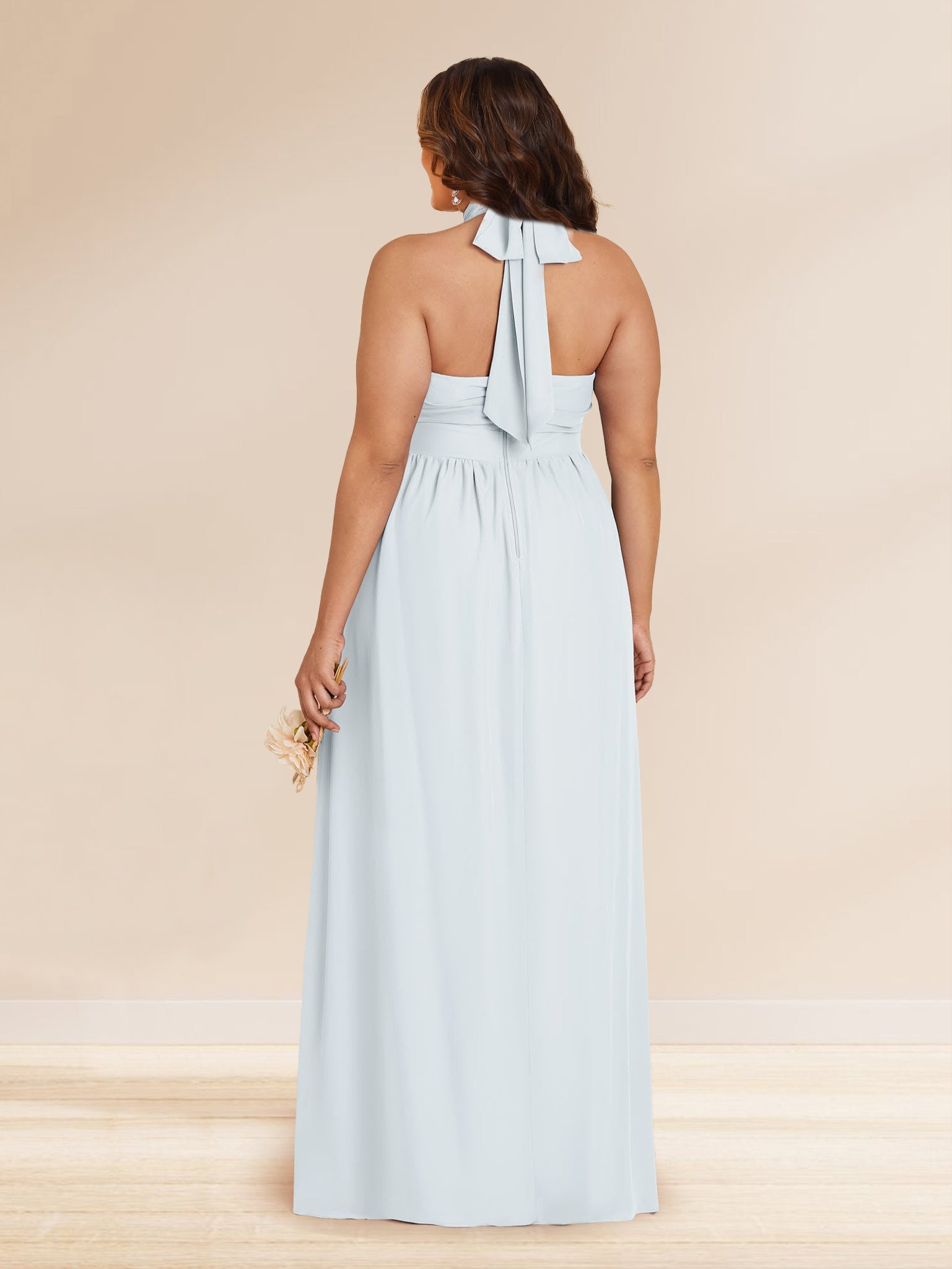 Chiffon A Line Princess Halter Plus Size Bridesmaid Dresses with Split Side Ruffles
