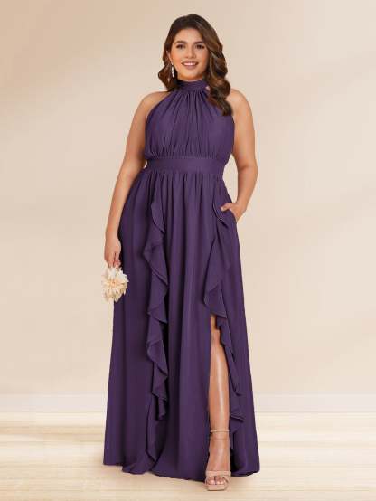 Chiffon A Line Princess Halter Plus Size Bridesmaid Dresses with Split Side Ruffles