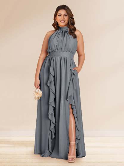 Chiffon A Line Princess Halter Plus Size Bridesmaid Dresses with Split Side Ruffles