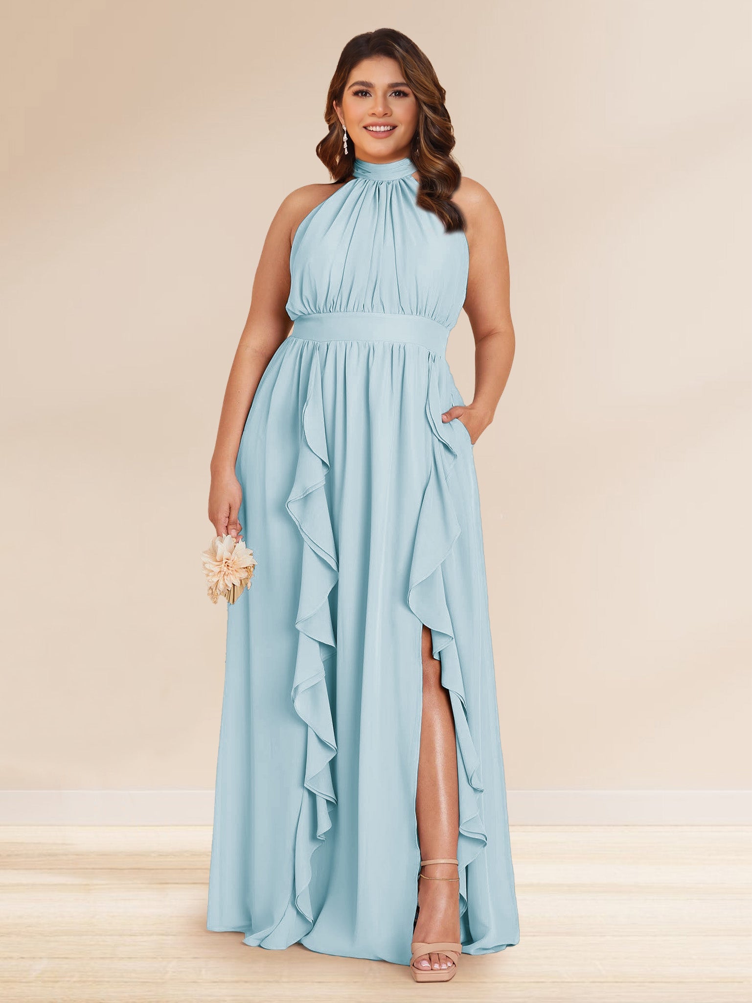 Chiffon A Line Princess Halter Plus Size Bridesmaid Dresses with Split Side Ruffles
