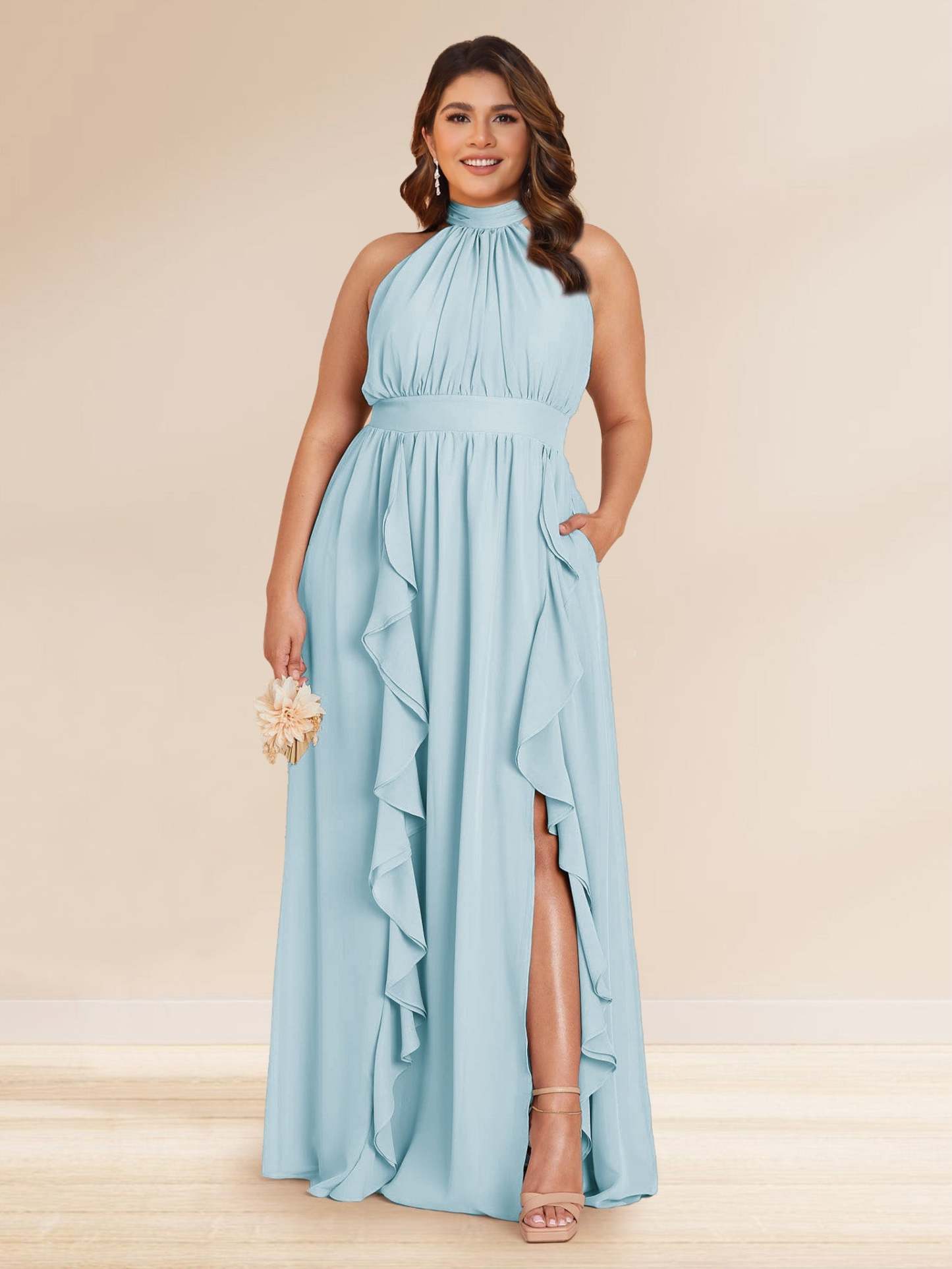 Chiffon A Line Princess Halter Plus Size Bridesmaid Dresses with Split Side Ruffles