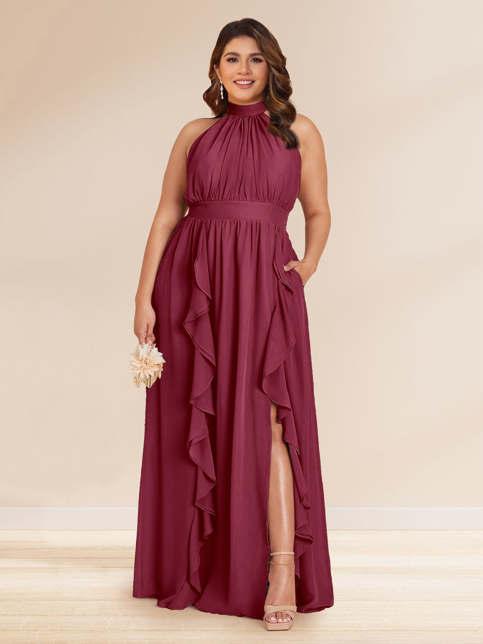 Chiffon A Line Princess Halter Plus Size Bridesmaid Dresses with Split Side Ruffles