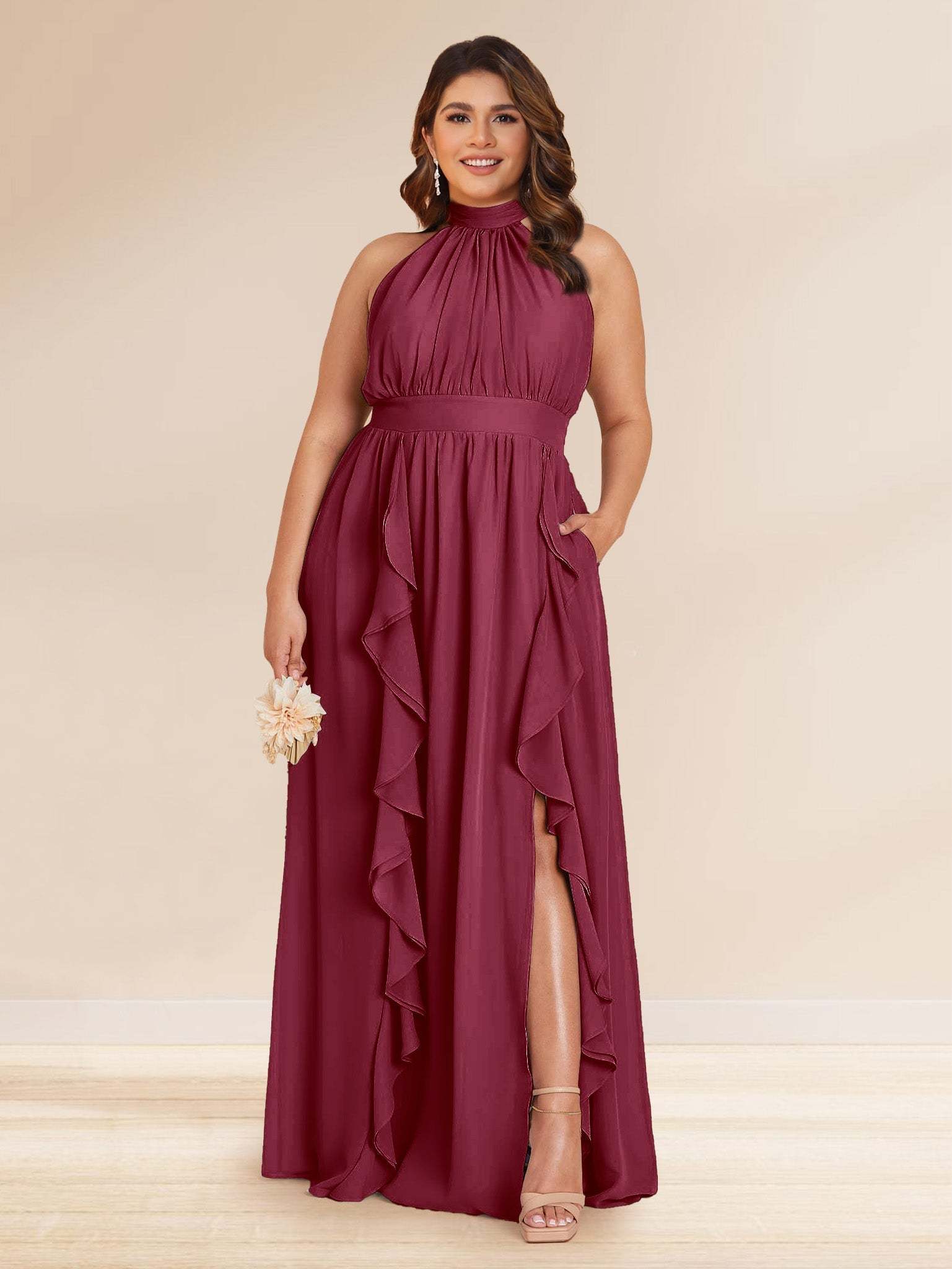Chiffon A Line Princess Halter Plus Size Bridesmaid Dresses with Split Side Ruffles